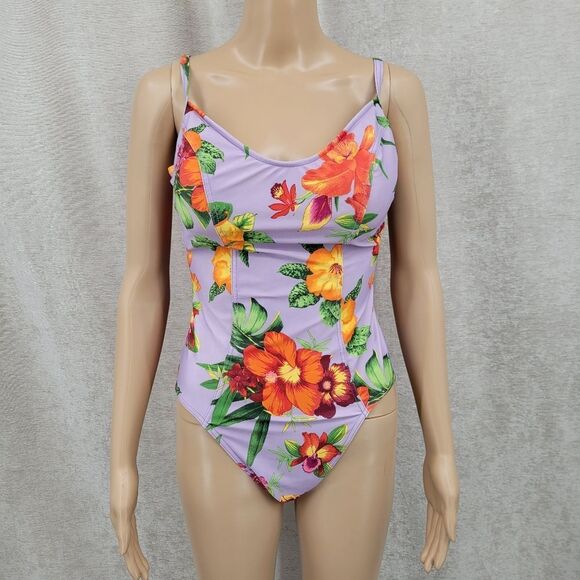 Victoria's Secret Y2K Water Bra Purple Floral One Piece Swimsuit Women's Size 14 - Picture 1 of 16
